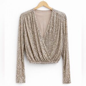 Sequin V-Neck WRAPOVER BLOUSE  Long Sleeve Top